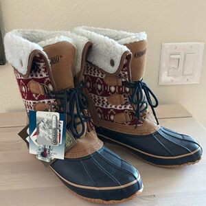 Khombu size 8 boots 🥾Colors in boot are cranberry, navy, brown, and cream.